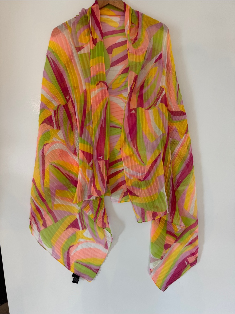 Vintage Cejon Pleated Scarf Wrap Bright Multicolor Tropical Beach 40x70 inches